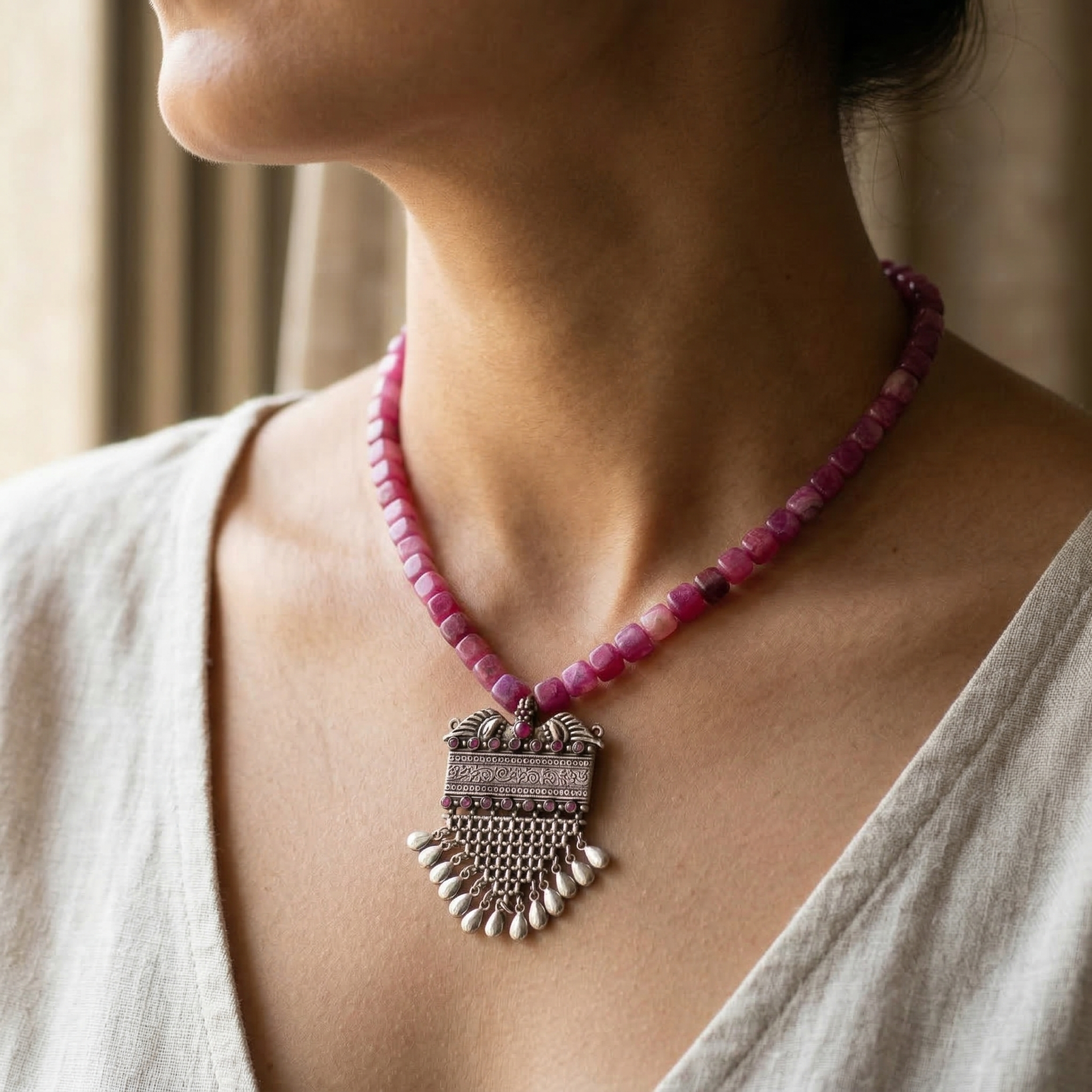 Collana di perline rosa fatta a mano